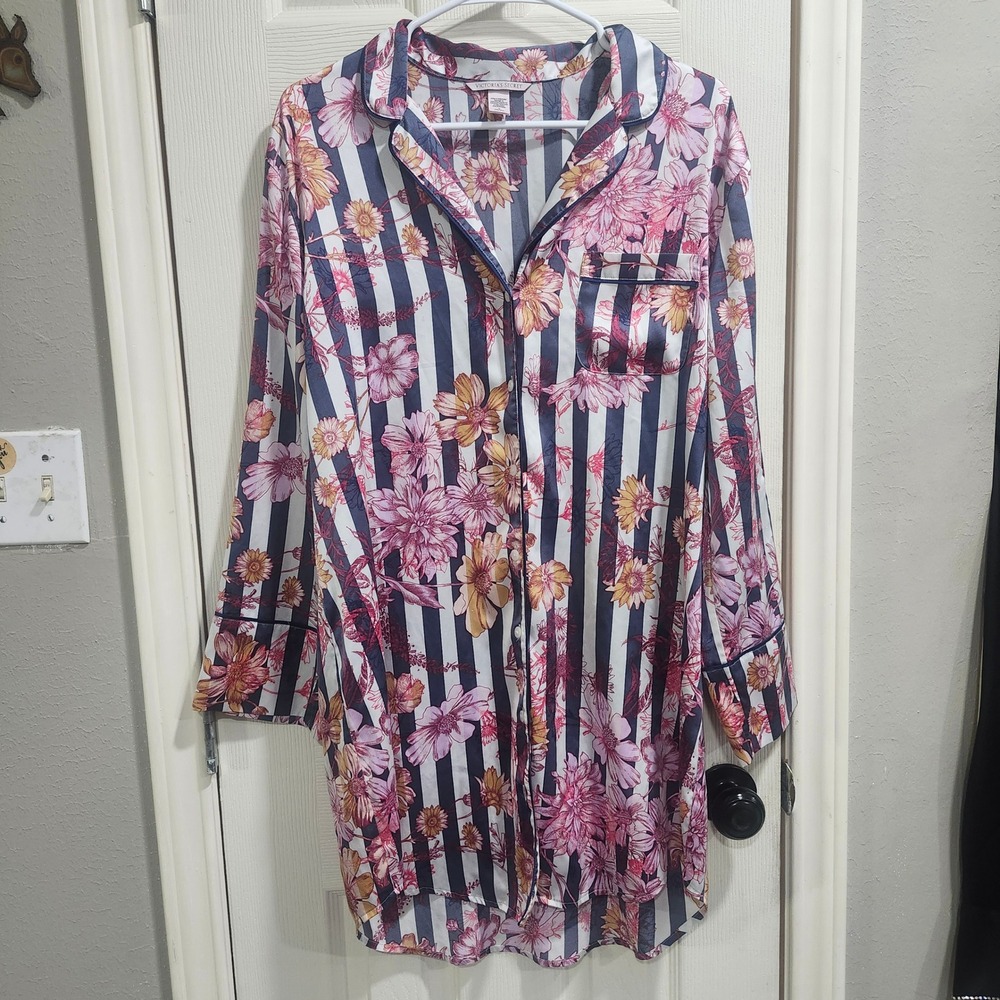 Victorias Secret Floral Stripe Satin Sleep Shirt Nightgown Navy Pink Medium